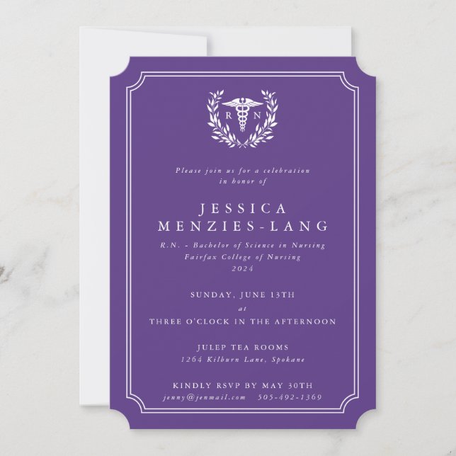 Purple Registered Nurse Caduceus+Laurel Wreath Invitation (Front)