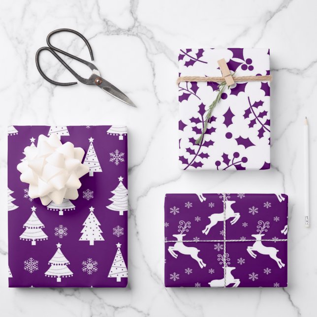 Purple Reindeer, Christmas Trees & Holly Patterns Wrapping Paper Sheet (Front)