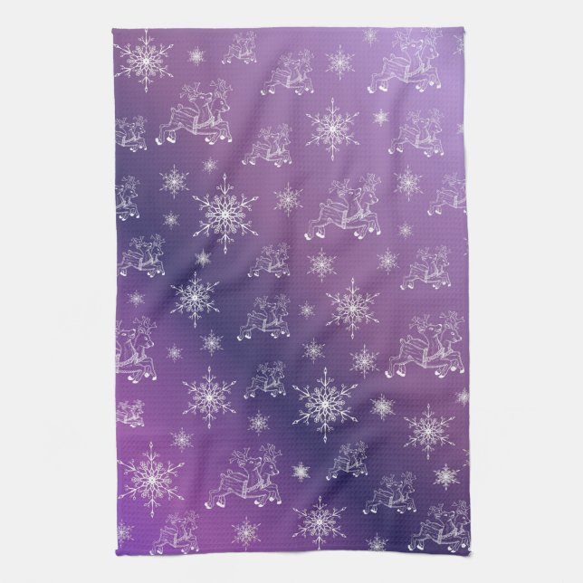 purple,reindeer, star, stars, snowflake, christmas tea towel (Vertical)