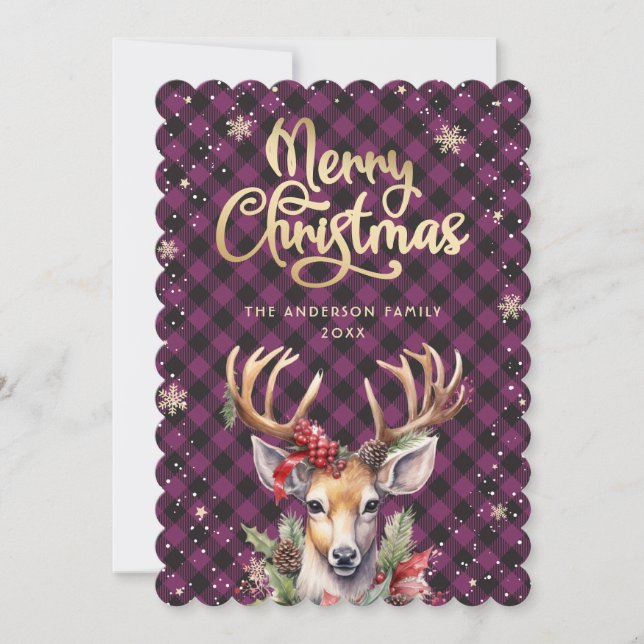 Purple Reindeer Watercolor Christmas Card (Front)