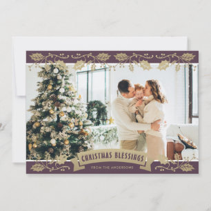 Purple Religious Holly Photo Christmas Blessings Holiday Card