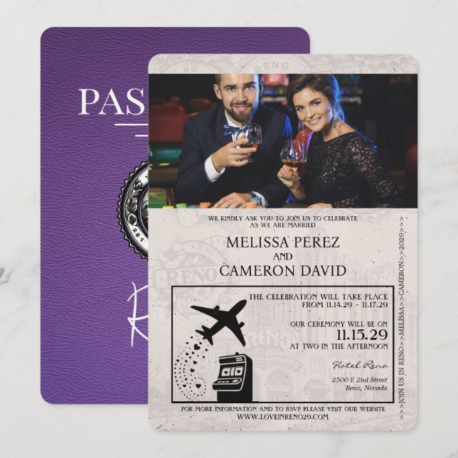 Purple Reno Passport Wedding Invitation (Front/Back)