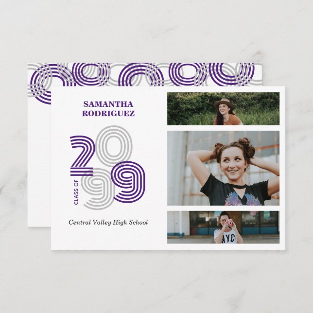Purple Retro Big Numbers 3-Photo Graduation Invitation (Front/Back)