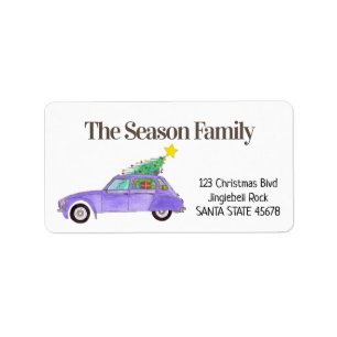 Purple Retro Car with Christmas Gifts Label