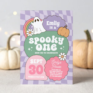 Purple Retro Chequered Spooky One Girls 1st Birthd Invitation