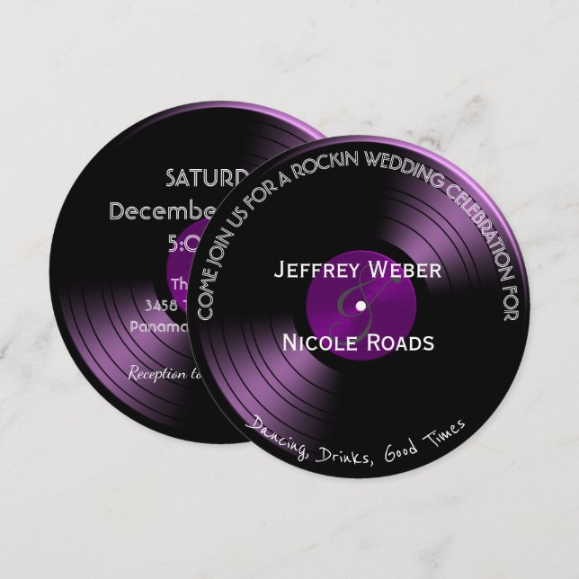 Purple Retro Colourful Vinyl Record Wedding Card (Front/Back)