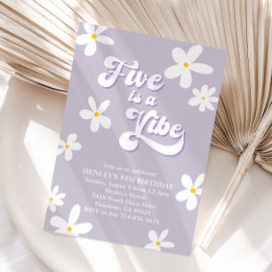 Purple Retro Daisy Five Is A Vibe Birthday  Invitation