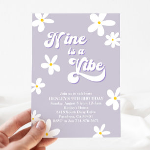 Purple Retro Daisy Nine Is A Vibe Birthday  Invitation