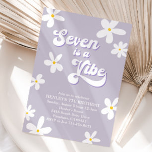 Purple Retro Daisy Seven Is A Vibe Birthday  Invitation