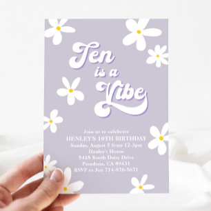 Purple Retro Daisy Ten Is A Vibe Birthday  Invitation