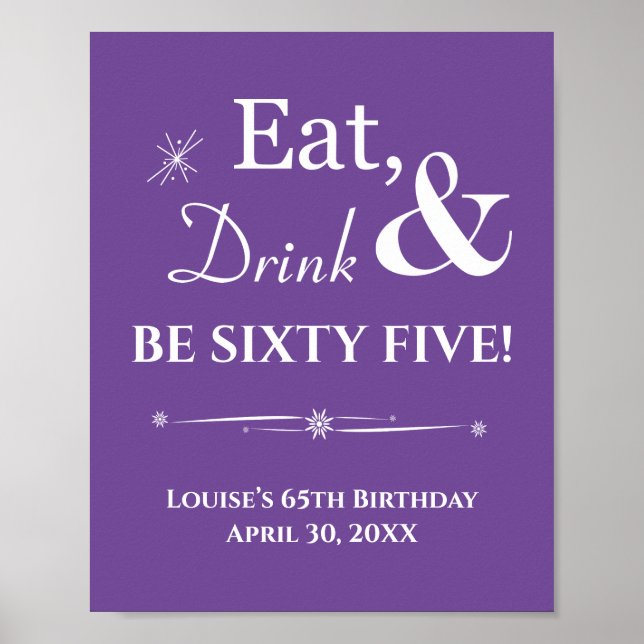 Purple Retro Eat Drink Sixty Five 65th Birthday Poster (Front)