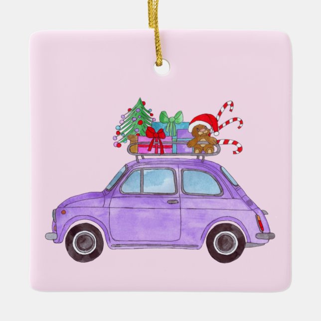 Purple Retro Fiat 500 with Christmas Gifts Ceramic Ornament (Front)