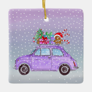 Purple Retro Fiat 500 with Christmas Gifts Ceramic Ornament