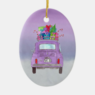Purple Retro Fiat 500 with Christmas Gifts Ceramic Tree Decoration