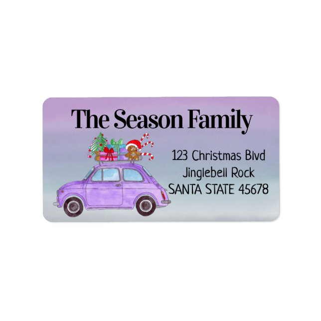 Purple Retro Fiat 500 with Christmas Gifts Label (Front)