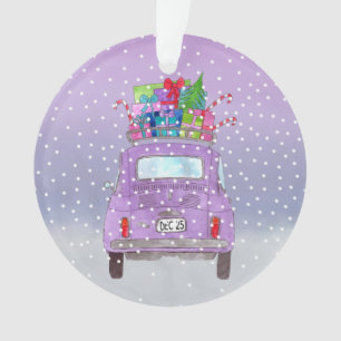 Purple Retro Fiat 500 with Christmas Gifts Ornament