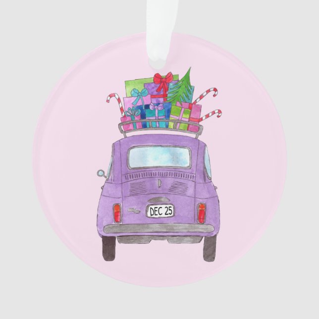 Purple Retro Fiat 500 with Christmas Gifts Ornament (Front)