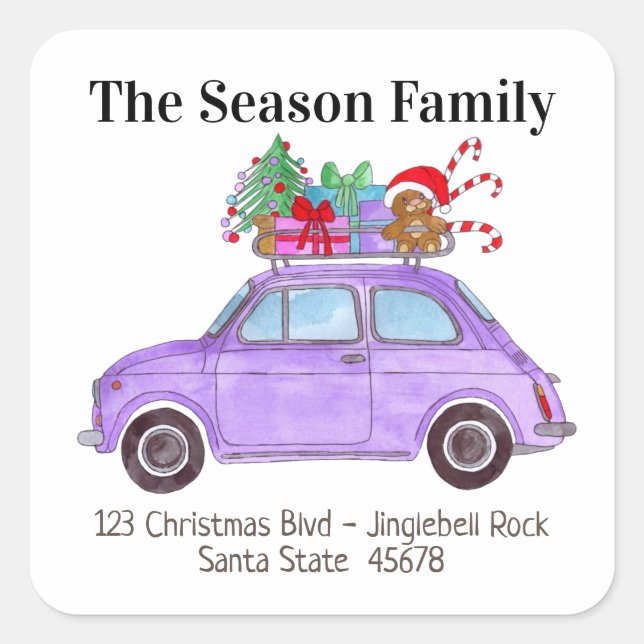 Purple Retro Fiat 500 with Christmas Gifts Square Sticker (Front)