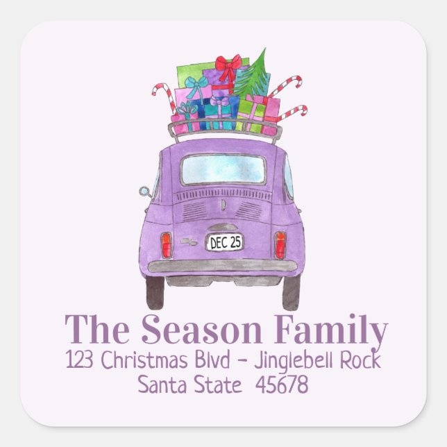 Purple Retro Fiat 500 with Christmas Gifts Square Sticker (Front)