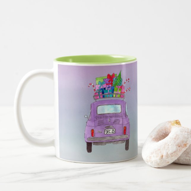 Purple Retro Fiat 500  with Christmas Gifts Two-Tone Coffee Mug (With Donut)
