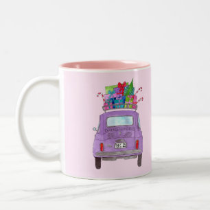 Purple Retro Fiat 500  with Christmas Gifts Two-Tone Coffee Mug
