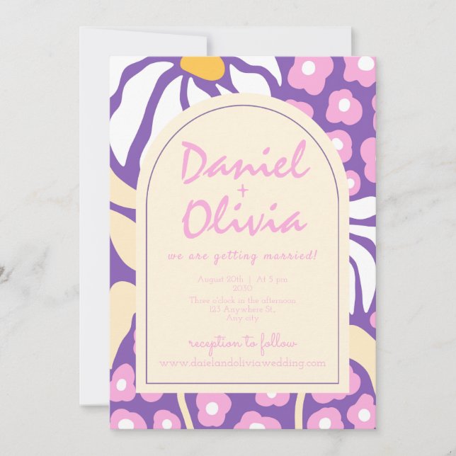 Purple Retro Floral with Photo Wedding Invitation (Front)