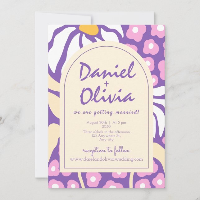 Purple Retro Floral with QR Wedding Invitation (Front)