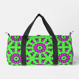 Purple Retro Flowers on Lime Green Background  Duffle Bag