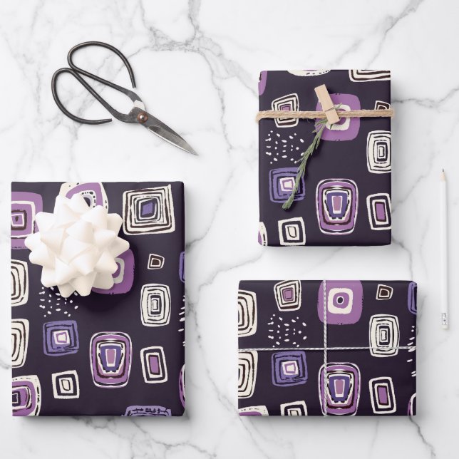Purple Retro Geometric Pattern Wrapping Paper Sheet (Front)