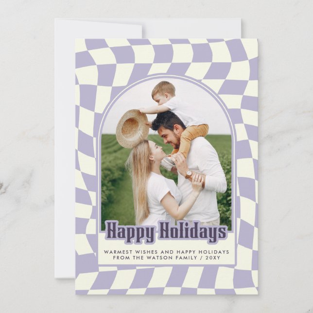Purple Retro Groovy Chequered Happy Holidays Photo Holiday Card (Front)
