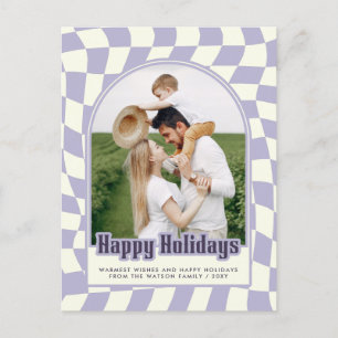 Purple Retro Groovy Chequered Happy Holidays Photo Holiday Postcard