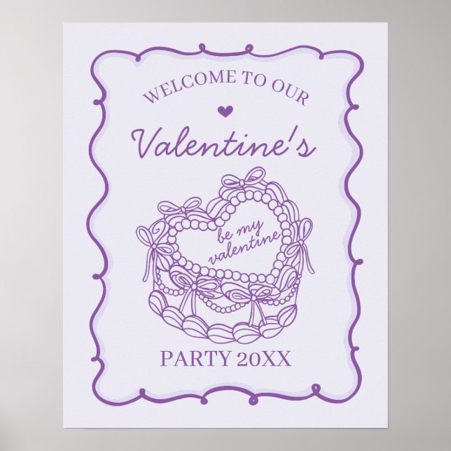 Purple Retro Heart Coquette Cake Valentine Welcome Poster (Front)