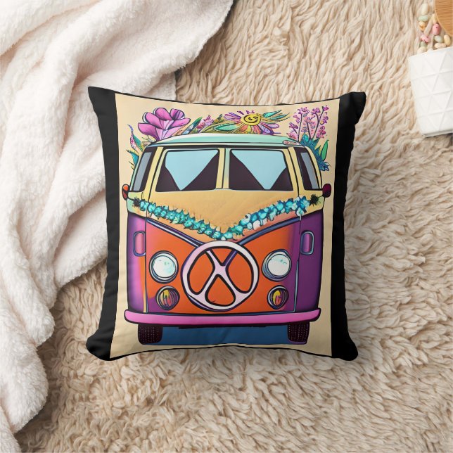 Purple Retro Hippie Van Vintage Colours Art Cushion (Blanket)