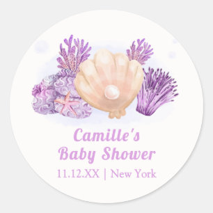 Purple Retro Pearl Seashell Baby Shower   Classic Round Sticker