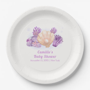 Purple Retro Pearl Seashell Baby Shower   Paper Plate