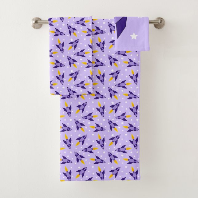 Purple Retro Rocket Bath Towel Set (Insitu)