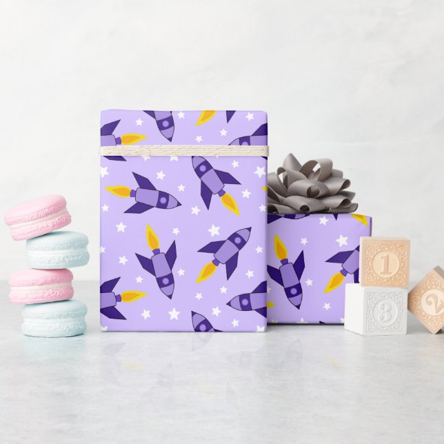 Purple Retro Rocket Wrapping Paper (Baby Shower)