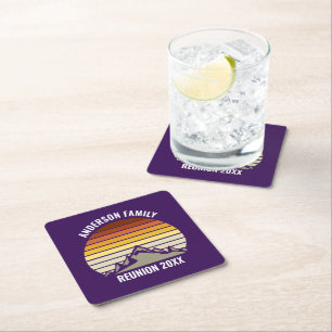 Purple Retro Sunset Mountain Custom Party Square Paper Coaster