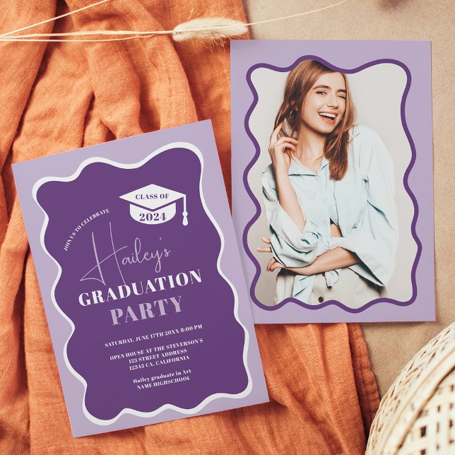 Purple retro wavy frame photo graduation invitation (Purple retro wavy frame photo graduation invitation)