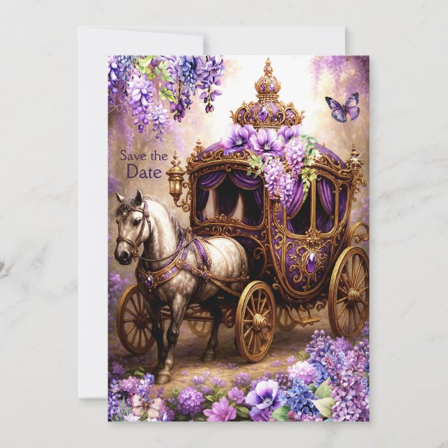 Purple Reverie Carriage Save the Date – Royal Tea  Invitation (Front)