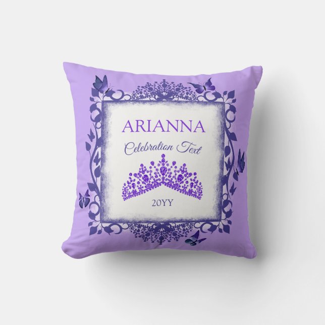 Purple Rhinestone Tiara, Butterflies, Personalised Cushion (Front)