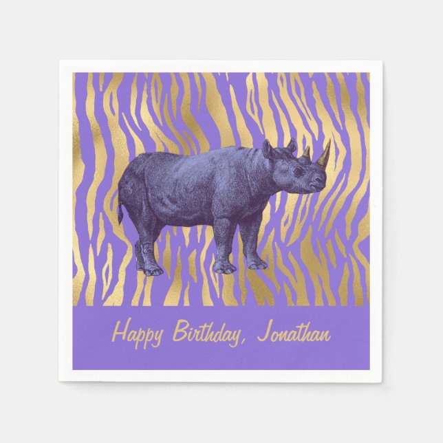 Purple Rhinoceros Happy Birthday Party Napkin (Front)