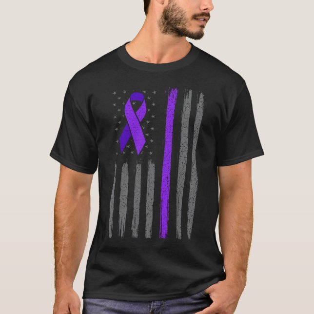 Purple ribbon american flag pancreatic cancer T-Shirt (Front)