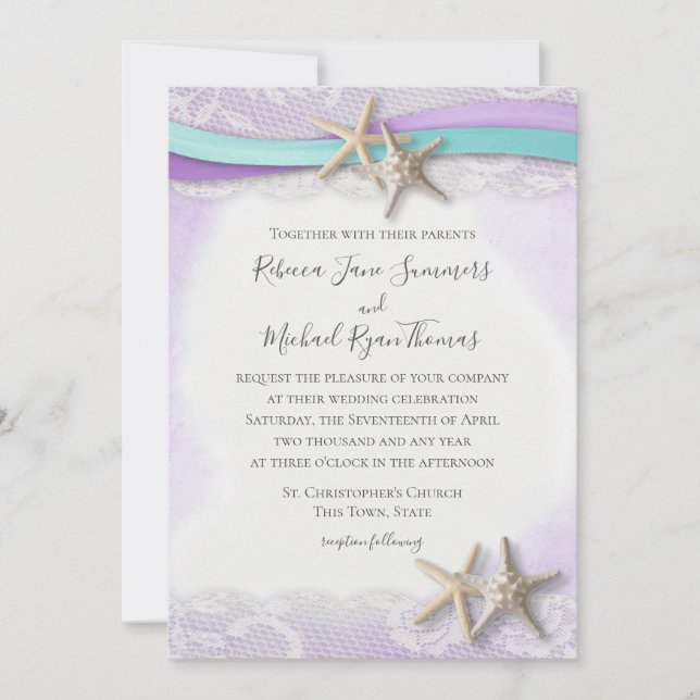 Purple Ribbon and Starfish Watercolor Wedding Invitation (Front)