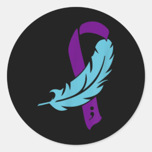 Purple Ribbon And Teal Feather Suicide Prevention  Classic Round Sticker