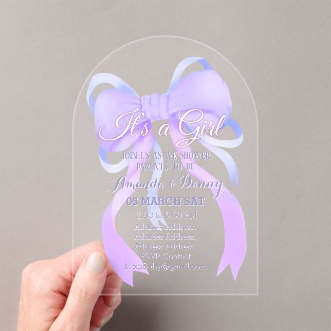 Purple Ribbon Baby Shower Arch Acrylic Invitations (Insitu (Handheld))