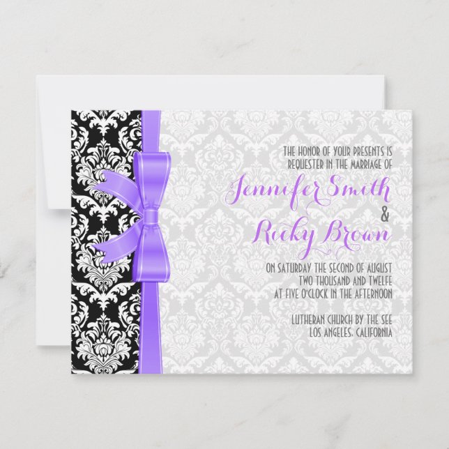 Purple Ribbon Black And White Damasks Wedding Invitation (Front)