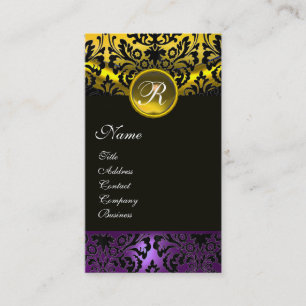 PURPLE RIBBON BLACK GOLD YELLOW  DAMASK MONOGRAM BUSINESS CARD