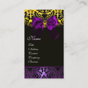 PURPLE RIBBON BLACK GOLD YELLOW DAMASK MONOGRAM BUSINESS CARD
