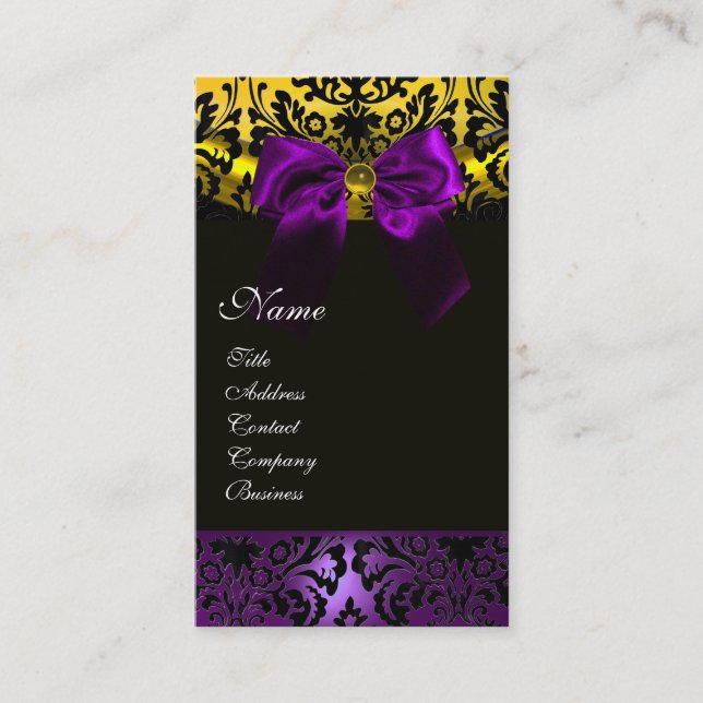 PURPLE RIBBON BLACK GOLD YELLOW  DAMASK MONOGRAM BUSINESS CARD (Front)